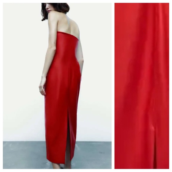 NWOT. Zara Red Faux Leather Off-the-Shoulder Midi Dress. Size S. - Picture 3 of 12